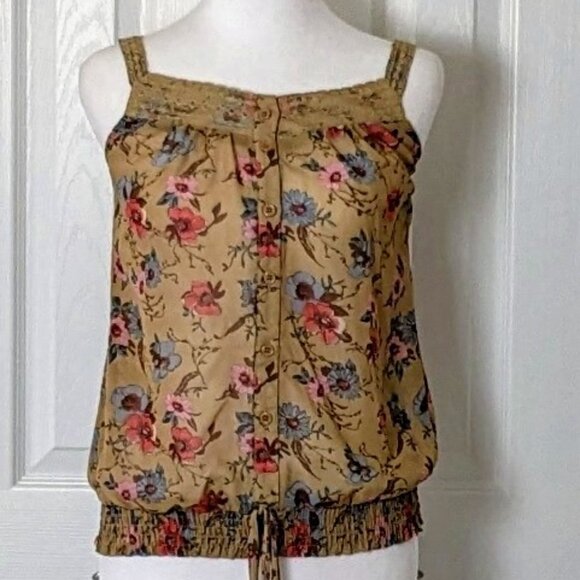 FULL TILT Women's Shoulder Strap Top Blouse Size M Tan Floral Print NWOT - Picture 1 of 4